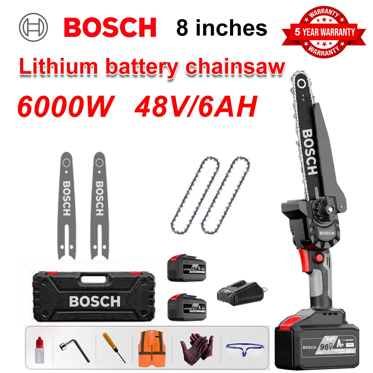 [Normal Model/5 Years Warranty] 8 Inch 6000W Lithium Electric Saw, 48V Battery*2, Charger, Guide Plate*2, Chain*2, Tool Box, Lubricant and Goggles