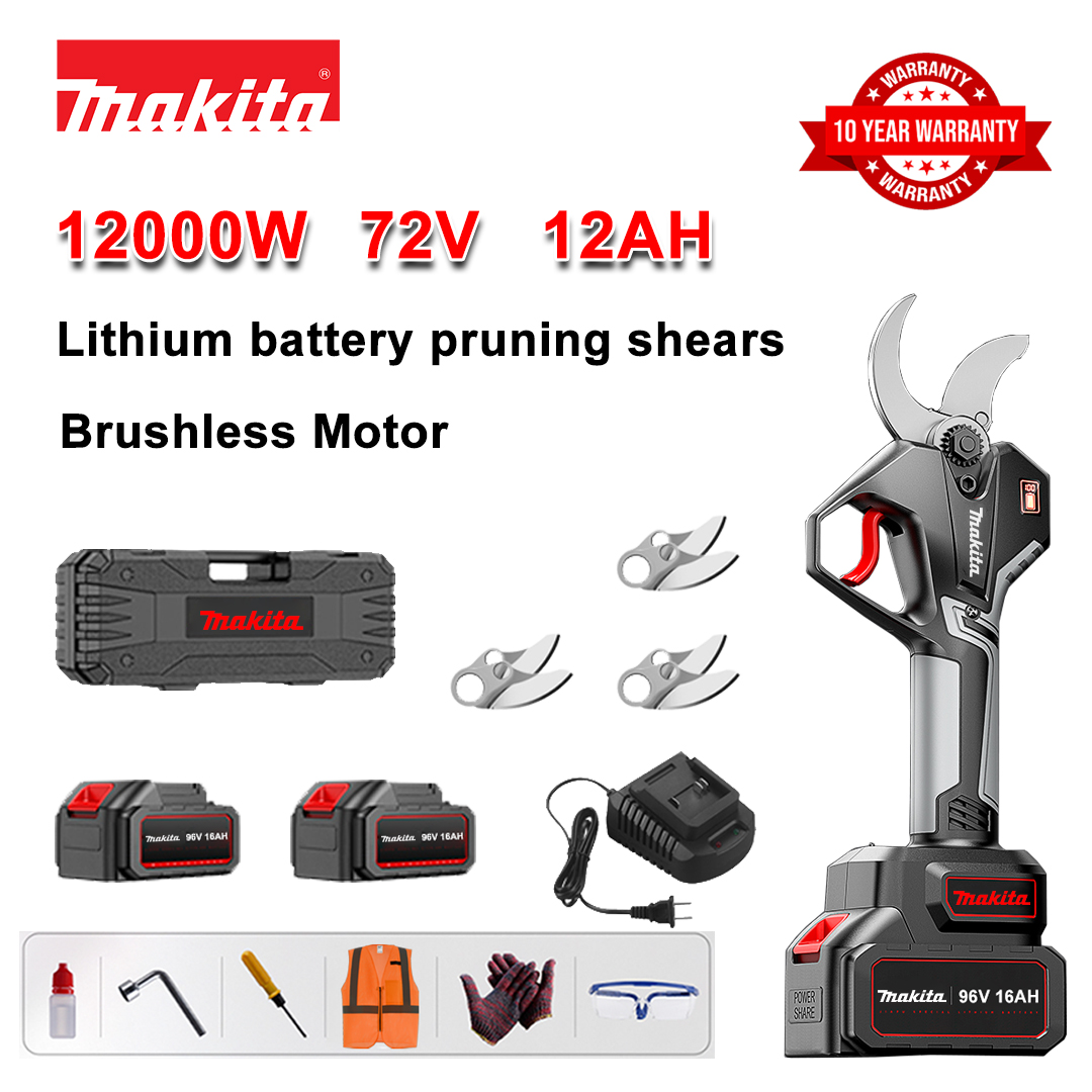 12000 W ličio jonų baterijos bešepetėlinės genėjimo žirklės + 78 V 12 Ah baterija * 2 + SK9 lydinio peiliukai * 3 + įkroviklis + LED maitinimo ekranas + įrankių dėžė + tepimo alyva + apsauginiai akiniai + 10 metų garantija
