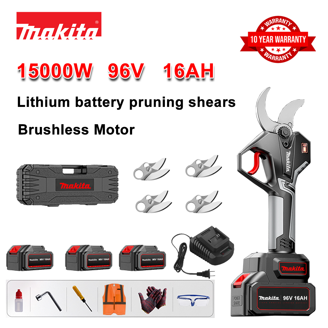 15000 W šepetėlinės ličio baterijos genėjimo žirklės + 96 V 16 Ah baterija * 3 + SK9 lydinio peiliukai * 4 + įkroviklis + LED maitinimo ekranas + įrankių dėžė + tepimo alyva + apsauginiai akiniai + 10 metų garantija